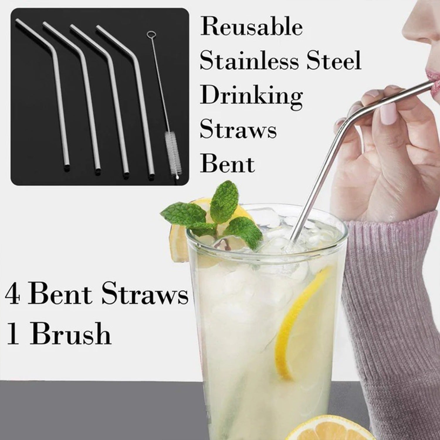 Reusable Stainless Steel Drinking Straws Bent (4 Bent Straws, 1 Brush) (Stock:-2500)