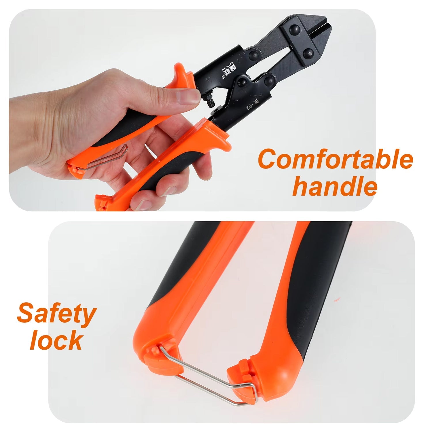 Side view of mini bolt cutter showing compound hinge