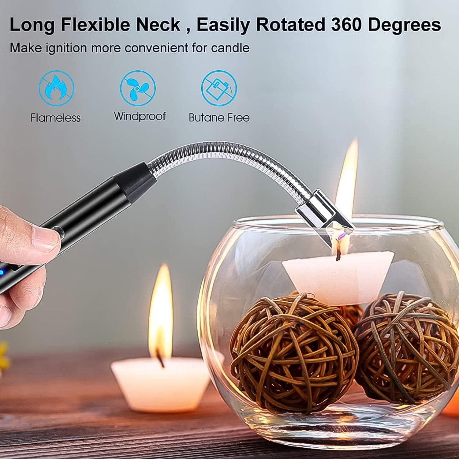 Long Flexible USB Rechargeable Electric Arc Lighter – Windproof, Flameless Plasma (Stock:-3000)