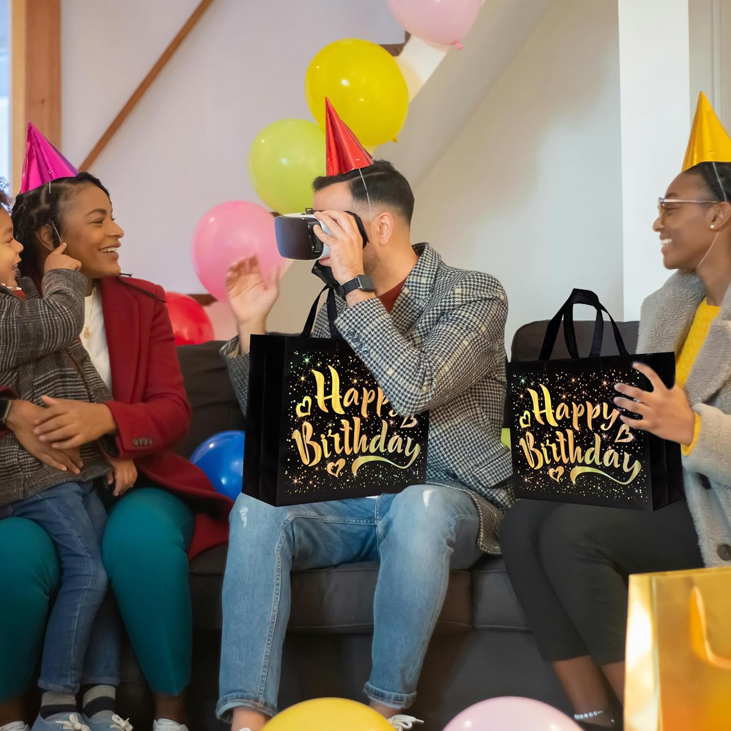 Birthday Gift Bag with Gold Shiny Stars, Reusable Party Gift Bags (1 Pc) (Stock:-1000)