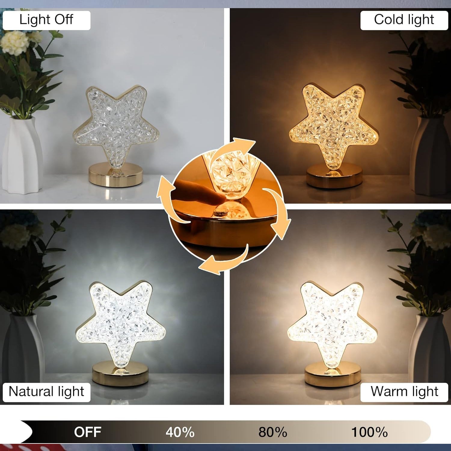 Star Crystal Diamond Touch Lamp – USB Rechargeable, 3-Way Dimmable (Stock:-400)