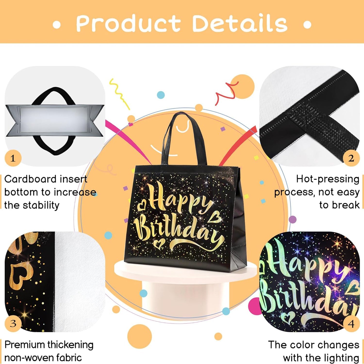 Birthday Gift Bag with Gold Shiny Stars, Reusable Party Gift Bags (1 Pc) (Stock:-1000)