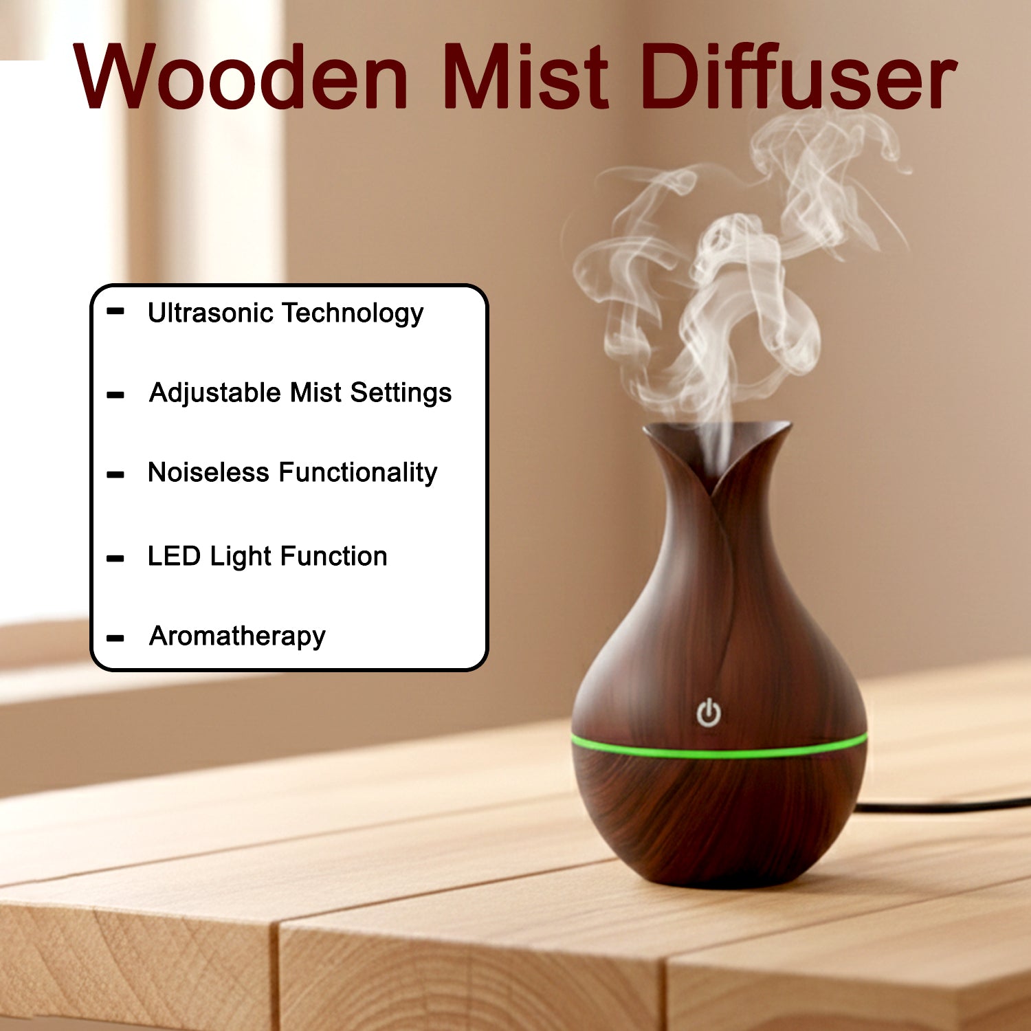 DeoDap Mini Wooden Vase Pot Diffuser Mist Humidifier - scale