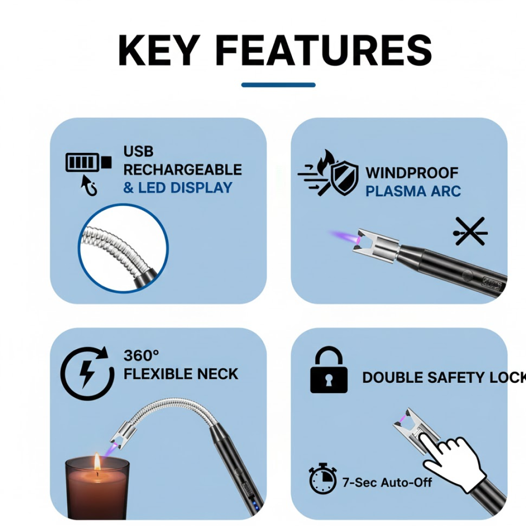 Long Flexible USB Rechargeable Electric Arc Lighter – Windproof, Flameless Plasma (Stock:-3000)