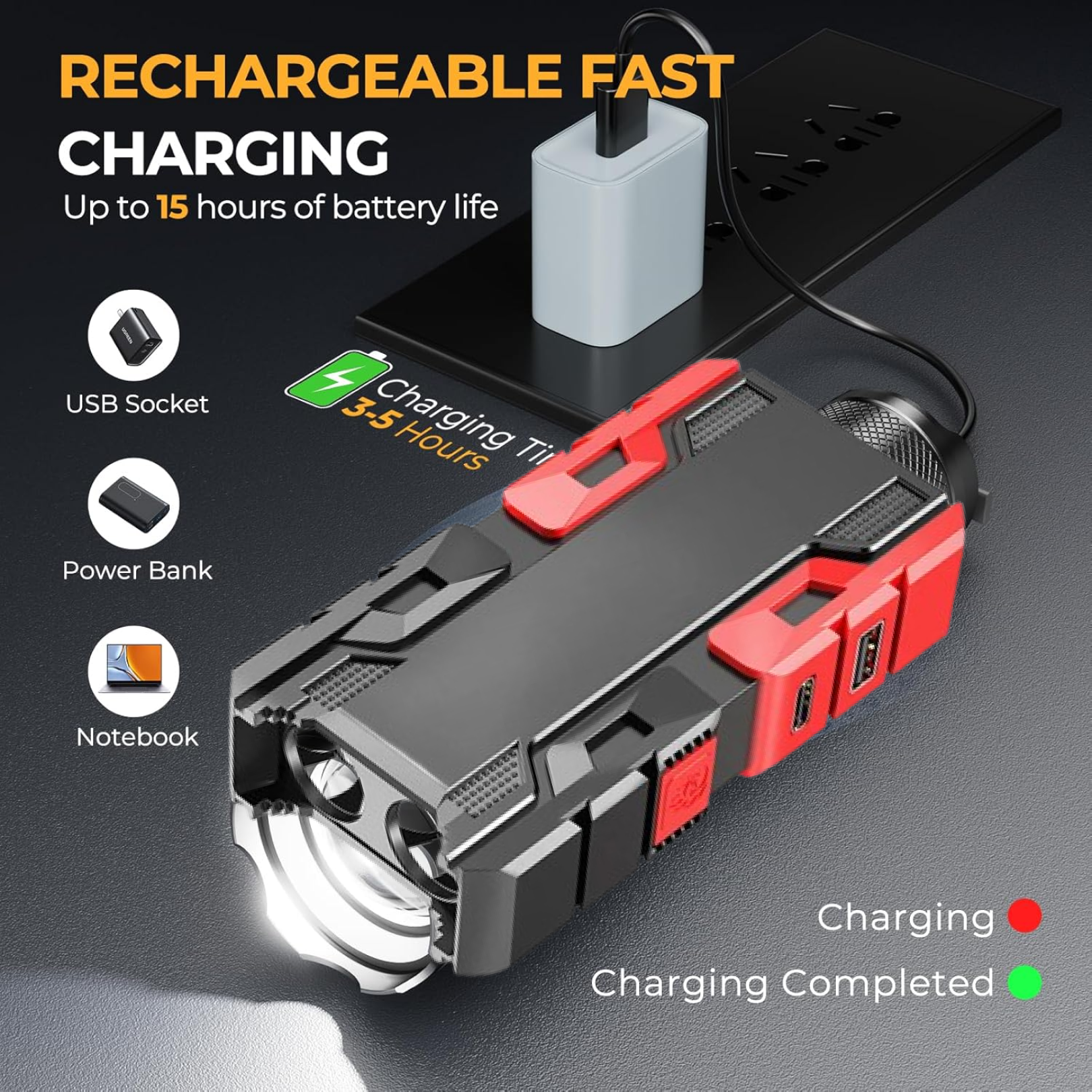 Rechargeable Mini LED Flashlight with Power Bank, 3 Modes (1 Pc) (Stock:-600)