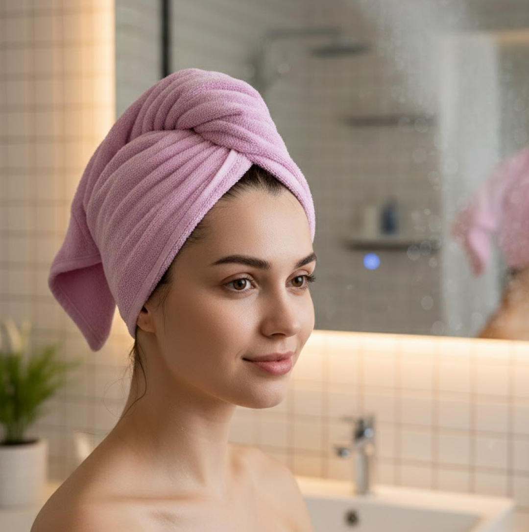 DeoDap Quick Turban Hair-Drying Absorbent Microfiber Towel - in-use lifestyle shot