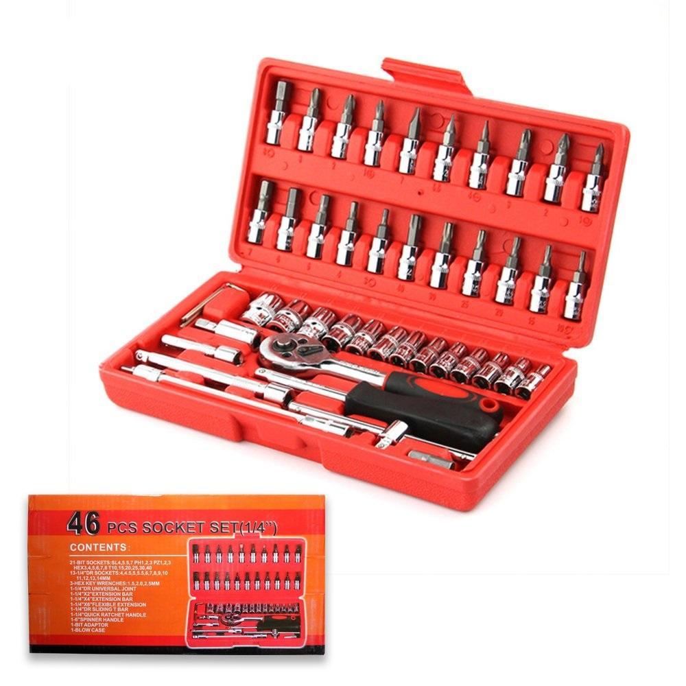 Socket 1 / 4 Inch Combination Repair Tool Kit (Red, 46 pcs)