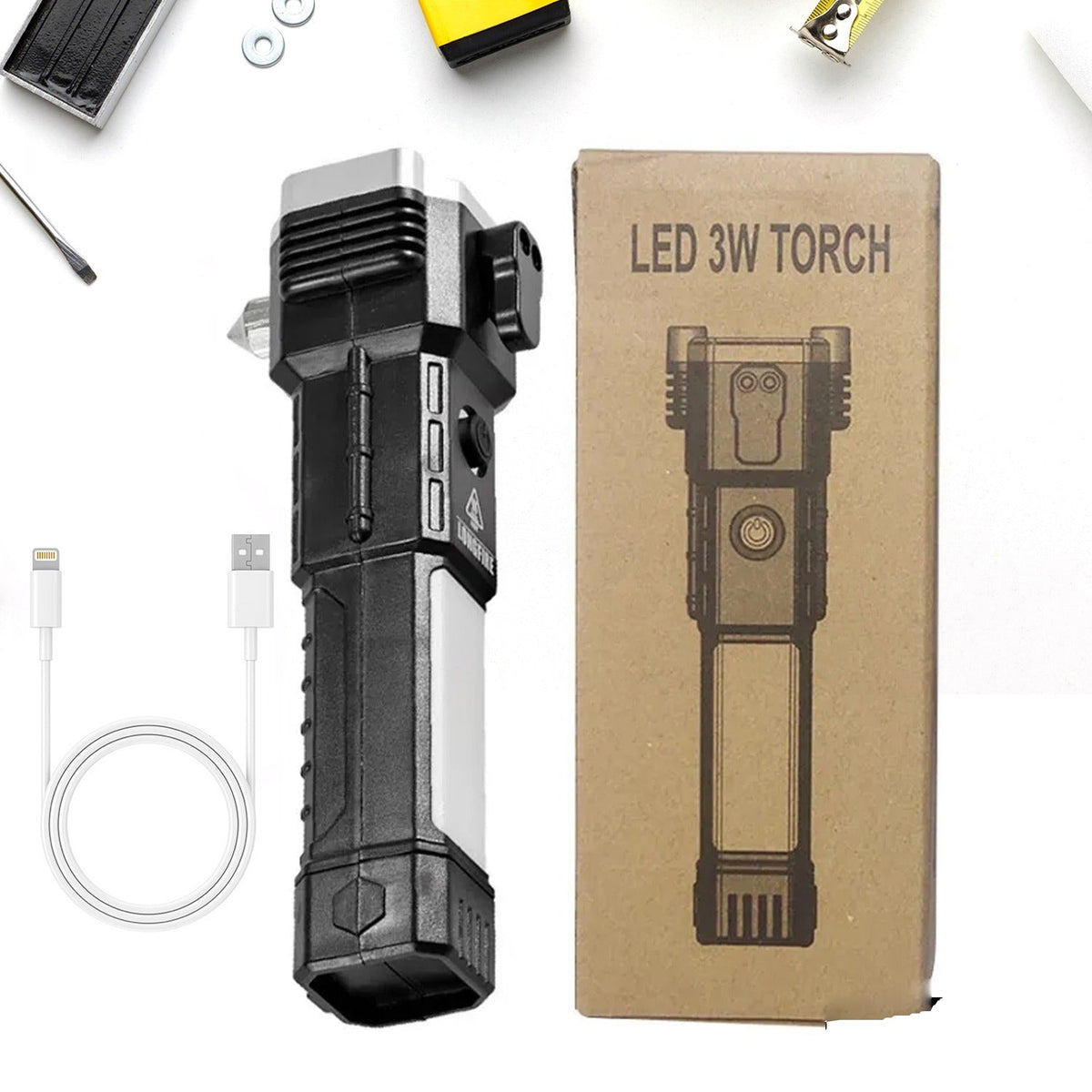 Portable rechargeable 3W LED torch with hammer and glass cutter