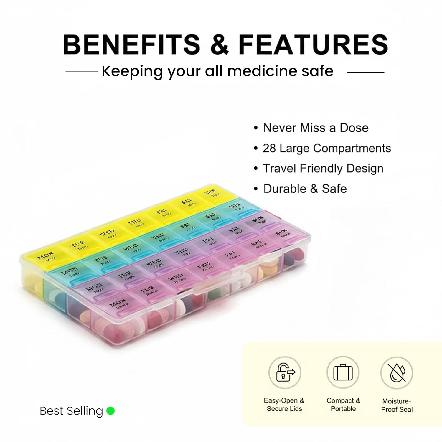 Side profile view of weekly pill organizer showing compact design.