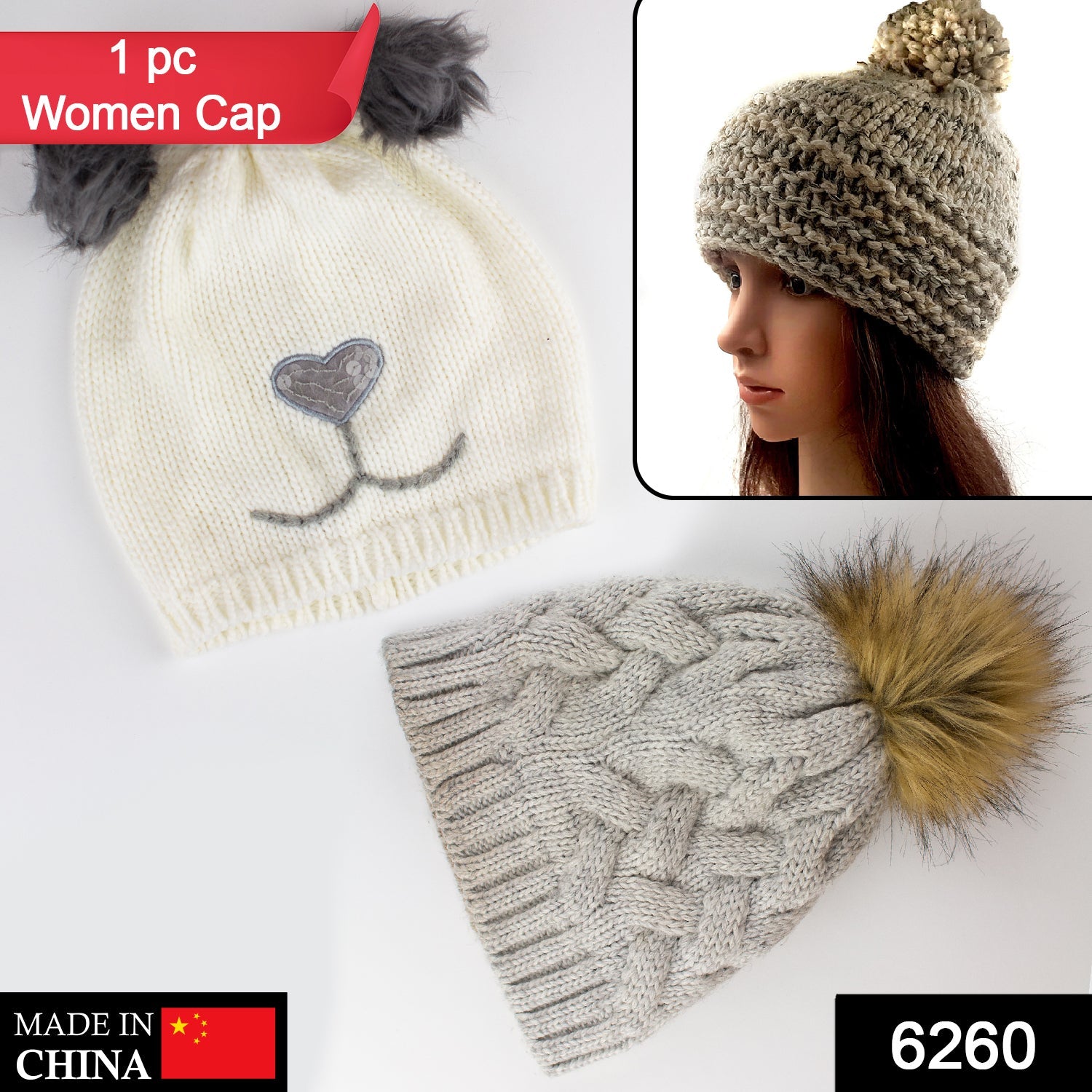 Men's and Women's Skull Slouchy Winter Woolen Knitted Black Inside Fur Beanie Cap.(mix design)