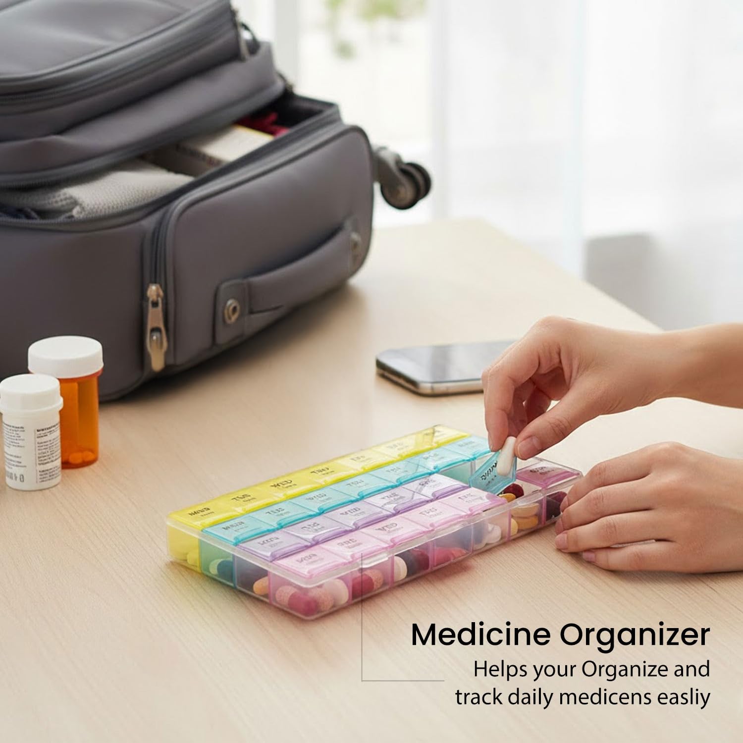 Weekly pill case organizer with multicolored lids displayed open.