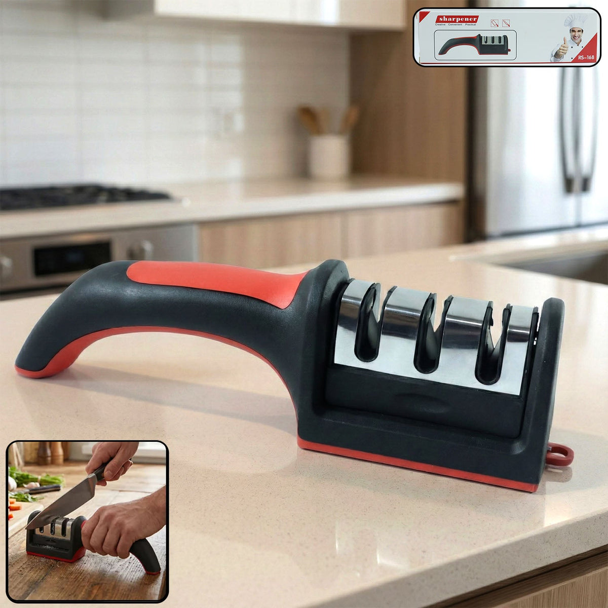 Manual Red & Black Knife Sharpener – 3-Stage Tool for Ceramic & Steel Knives (Stoke:-1440)