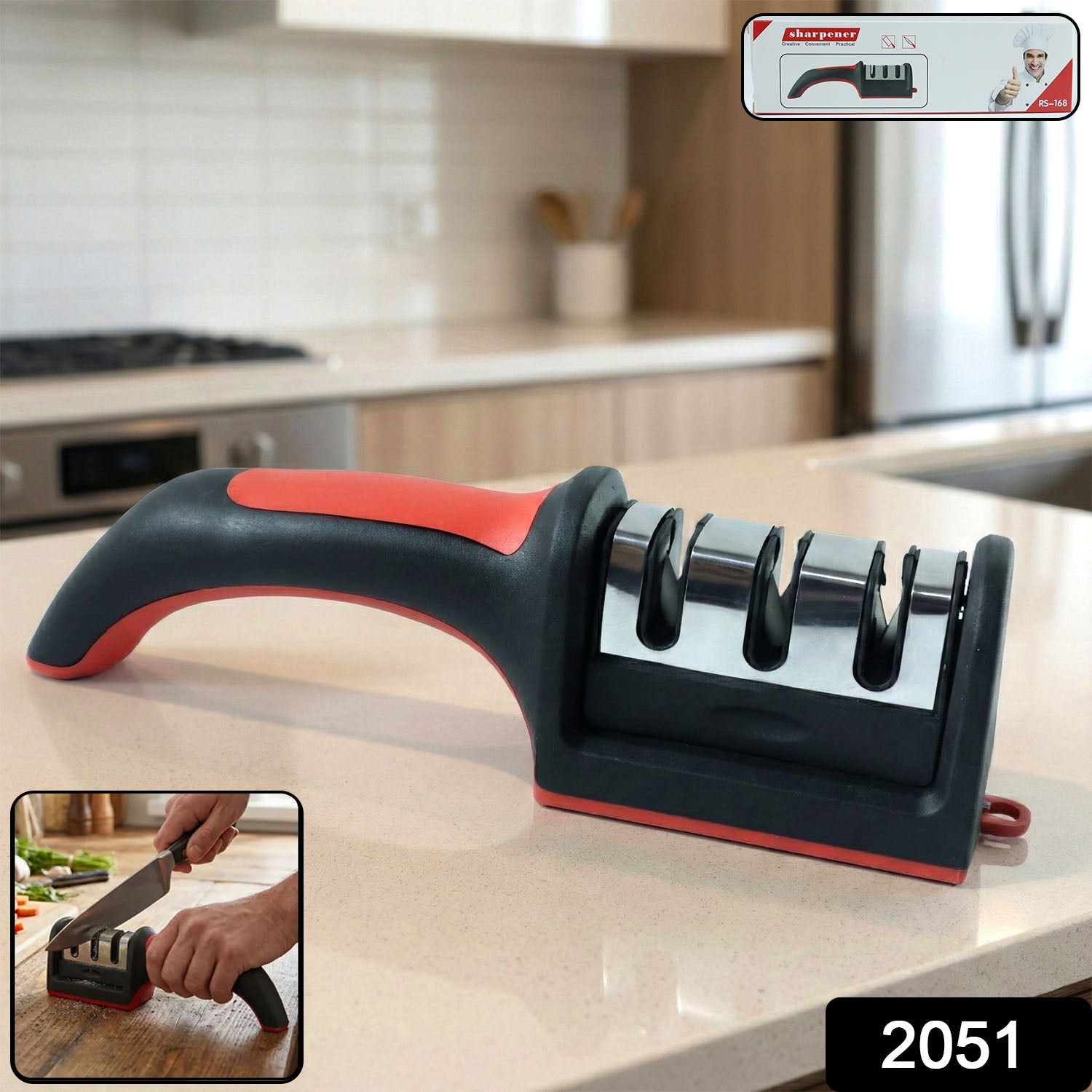 Manual Red & Black Knife Sharpener – 3-Stage Tool for Ceramic & Steel Knives (Stoke:-1440)