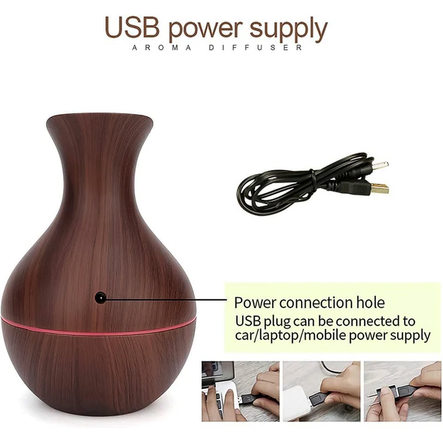 DeoDap Mini Wooden Vase Pot Diffuser Mist Humidifier - specs