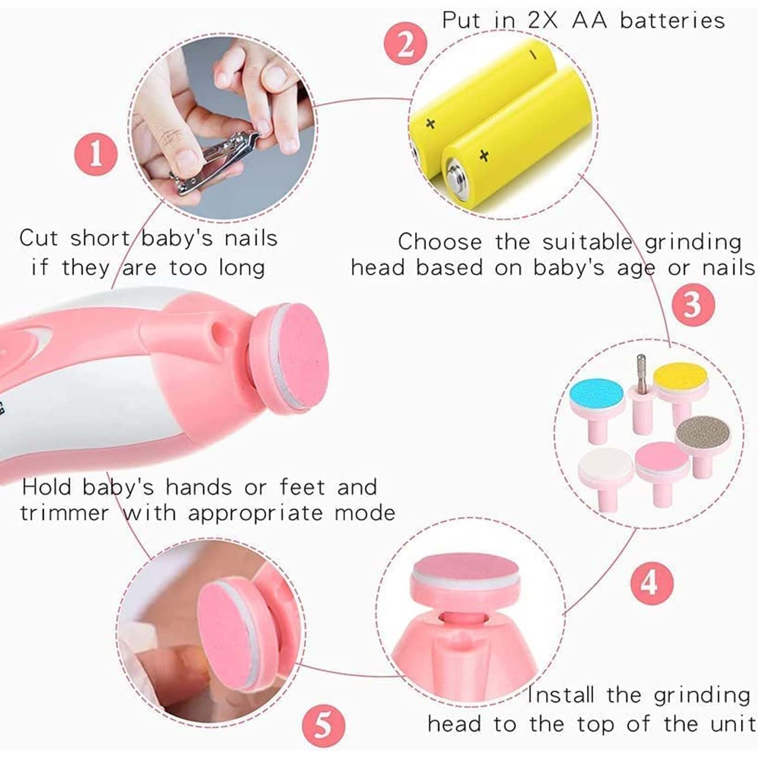 Electric Baby Nail Trimmer with Grinding Heads for Newborn Infant and Toddler (Stock:-1000)