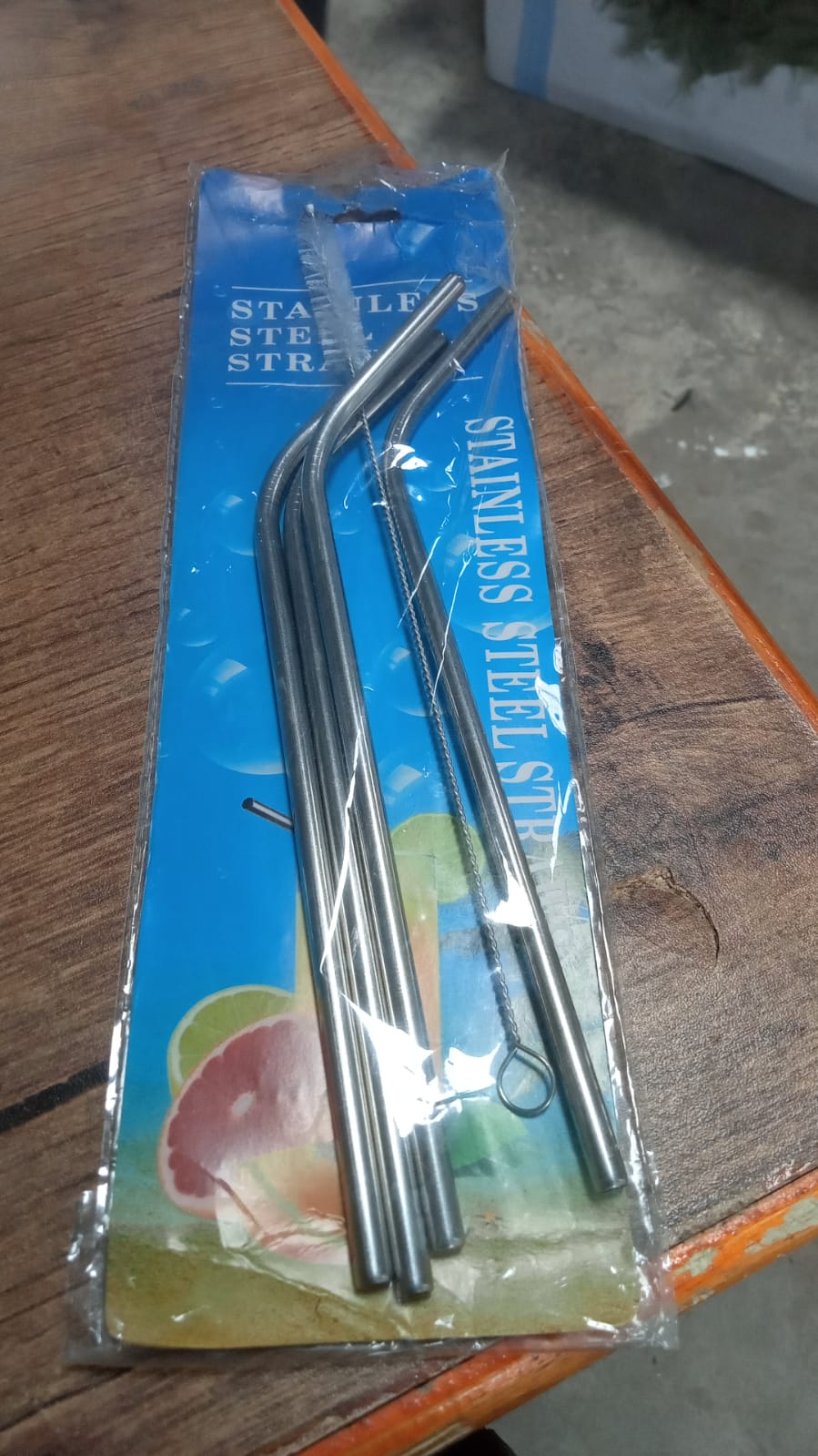 Reusable Stainless Steel Drinking Straws Bent (4 Bent Straws, 1 Brush) (Stock:-2500)